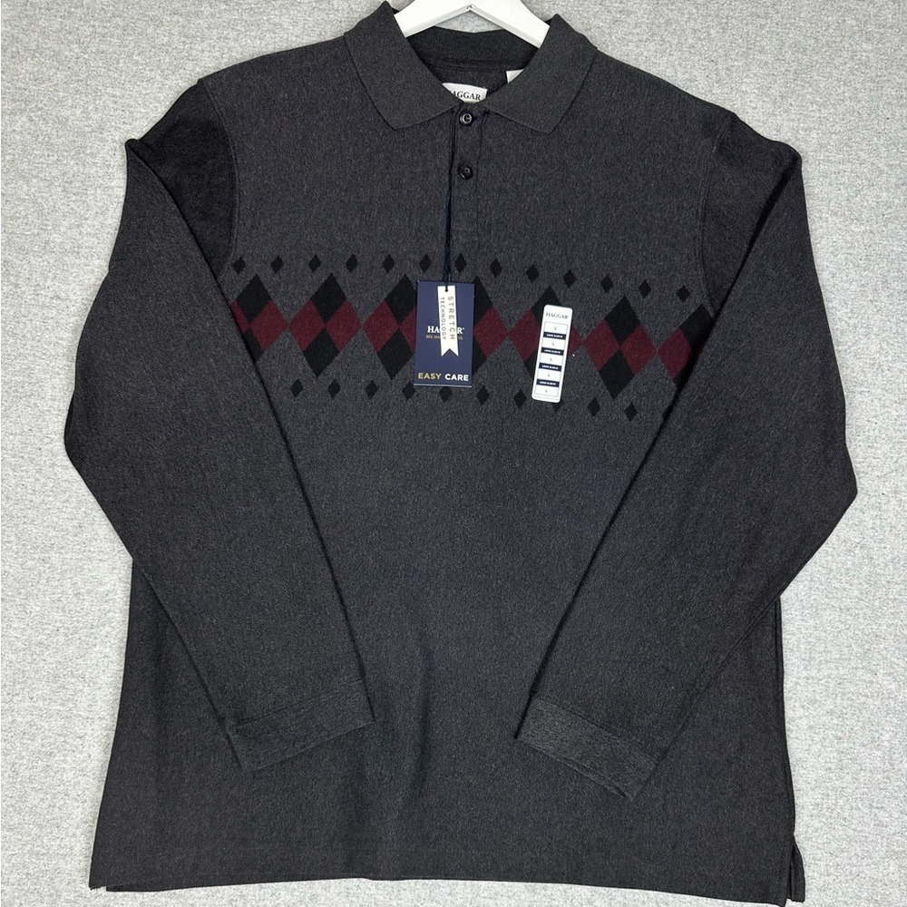 Haggar Sweater Mens Large Black Argyle Chest Stripe Long Sleeve Stretch Pullover